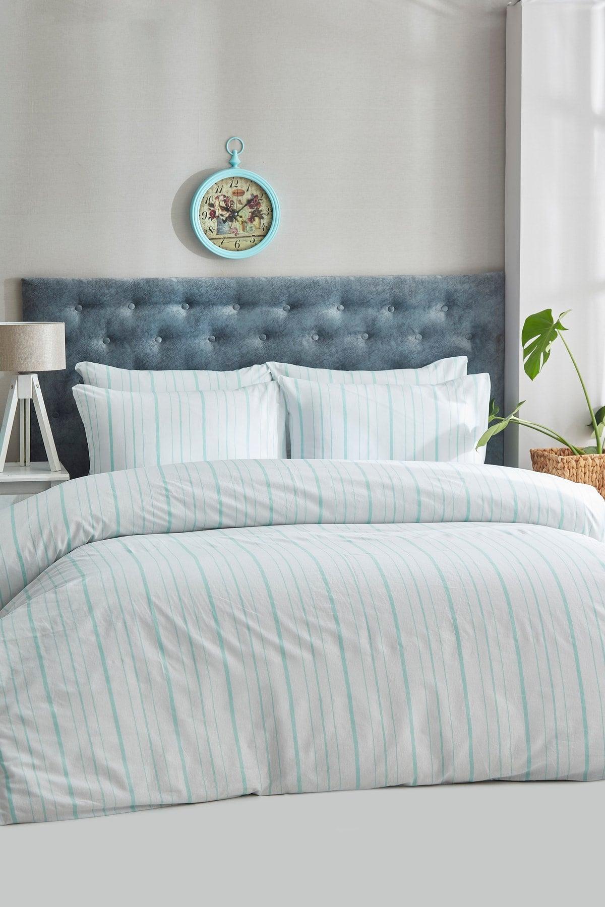 Striped Mint Single Cotton Linen Duvet Cover Set - Swordslife