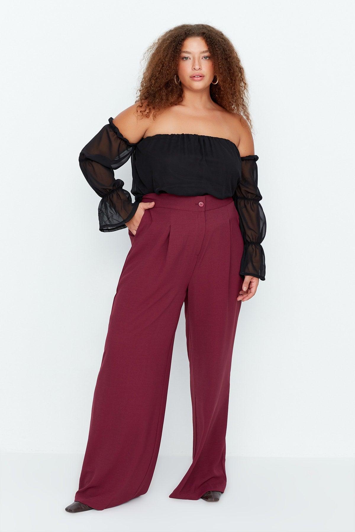 Claret Red High Waist Pleated Woven Trousers TBBSS22PL0448 - Swordslife