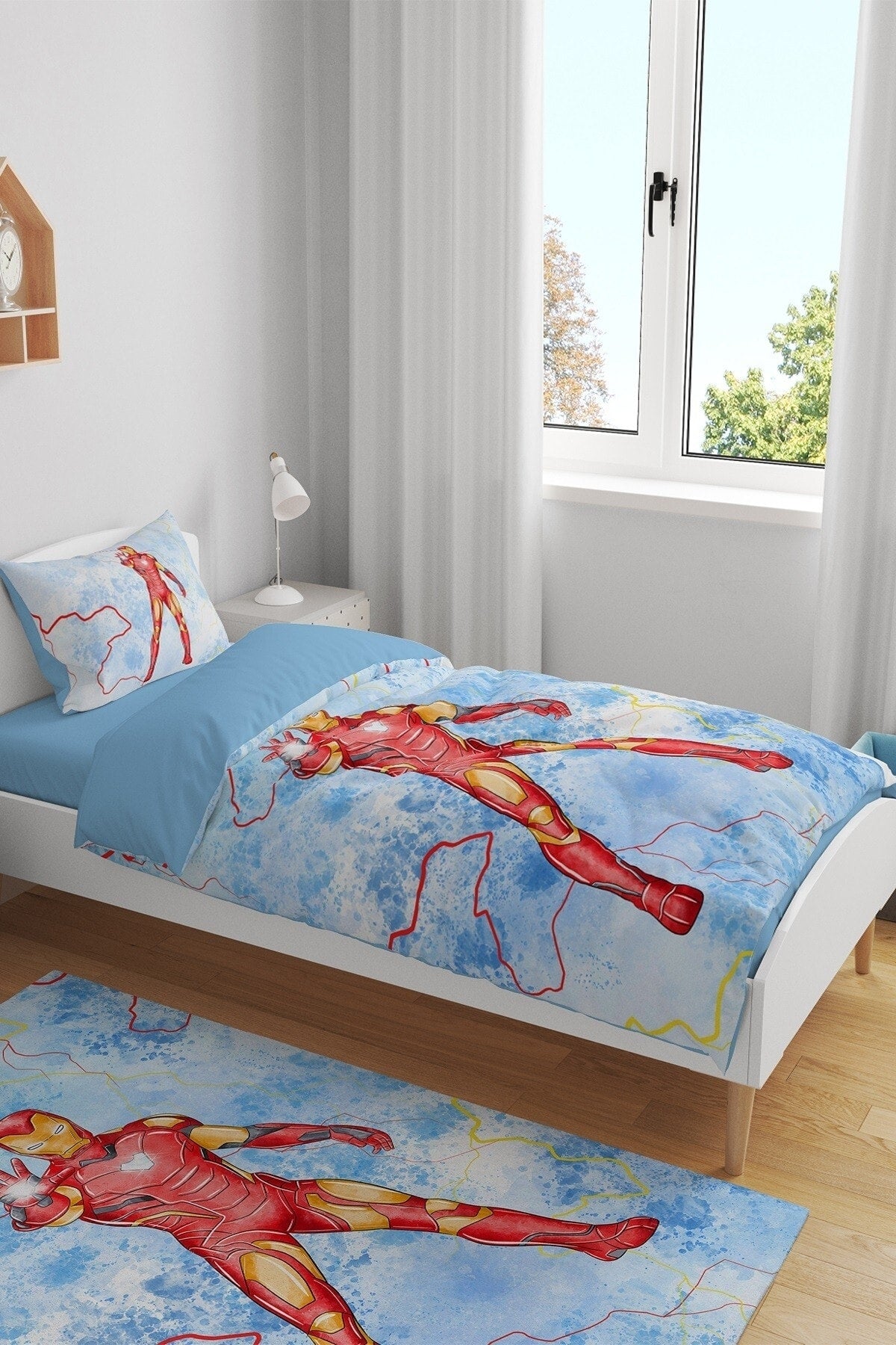 Single Blue Ironman Patterned Single Baby Kids Duvet Cover Set