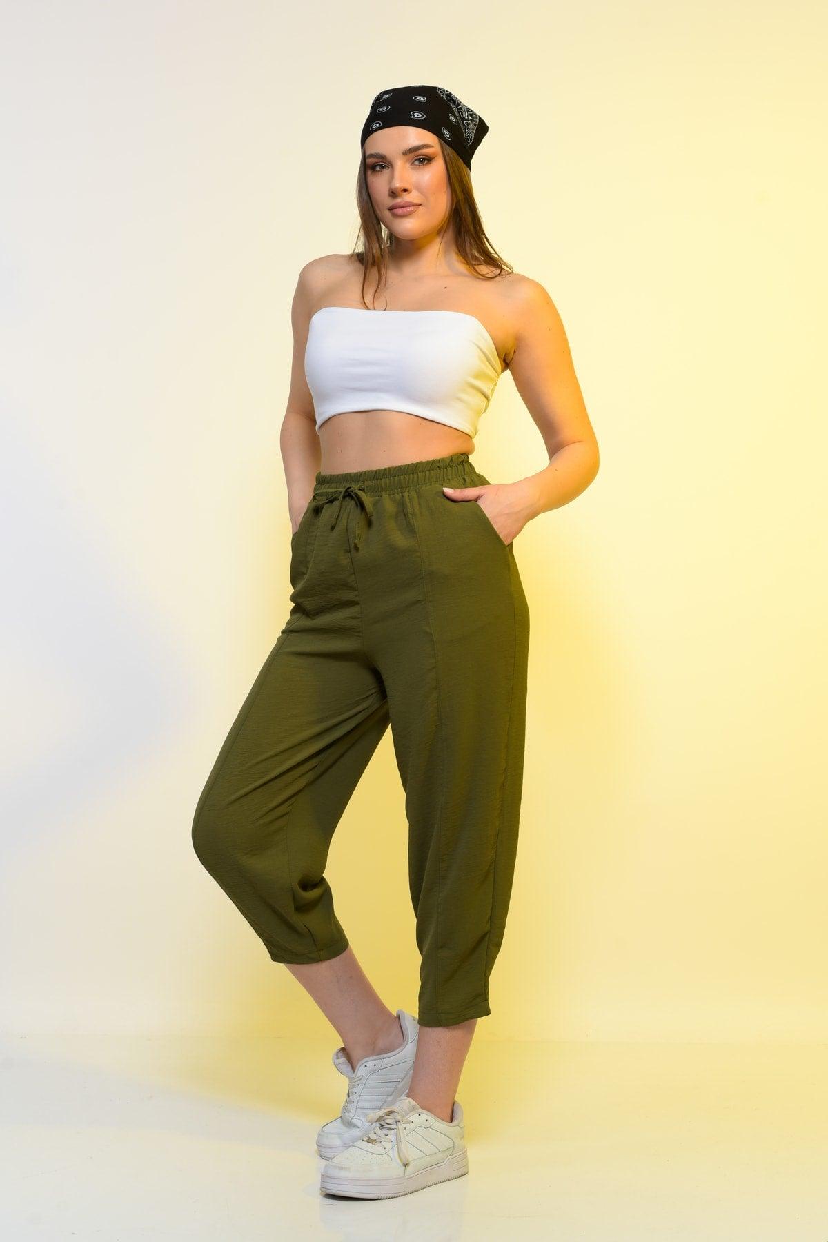 New Season Summer Elastic Waist Slim Pants High Waist Women Khaki Green Casual Trousers - Swordslife