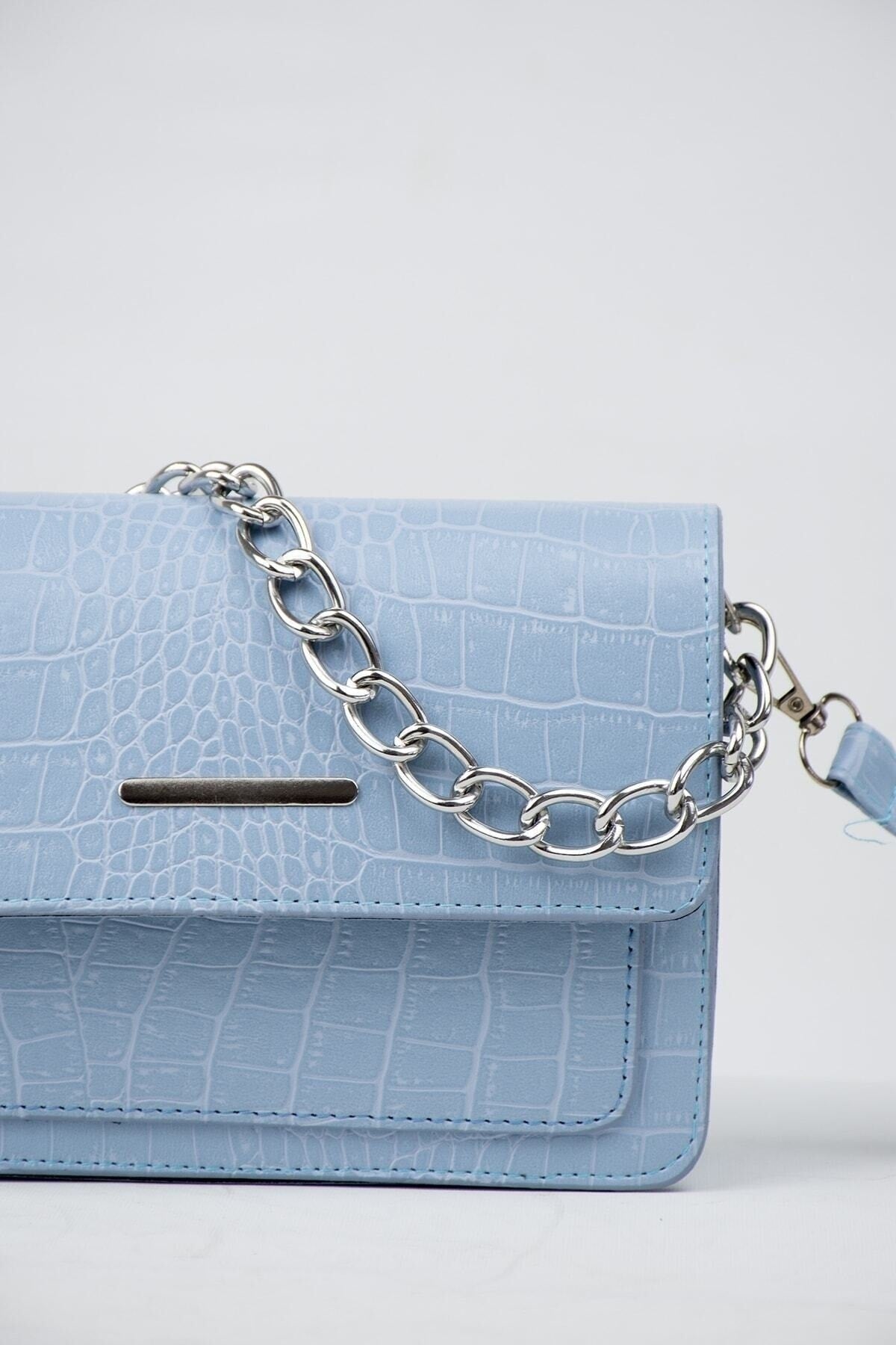 Baby Blue Women's Crocodile Patterned Clutch Baguette Chain Strap Bag