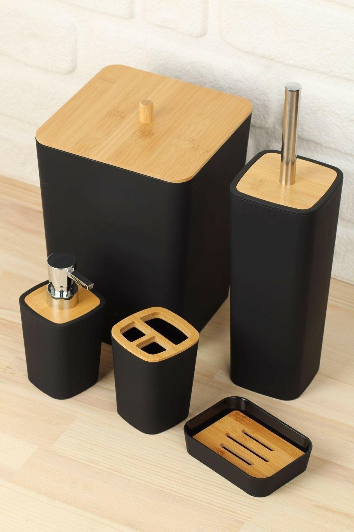 Mostar Bamboo 5 Pcs Bathroom Set Black Color - Swordslife