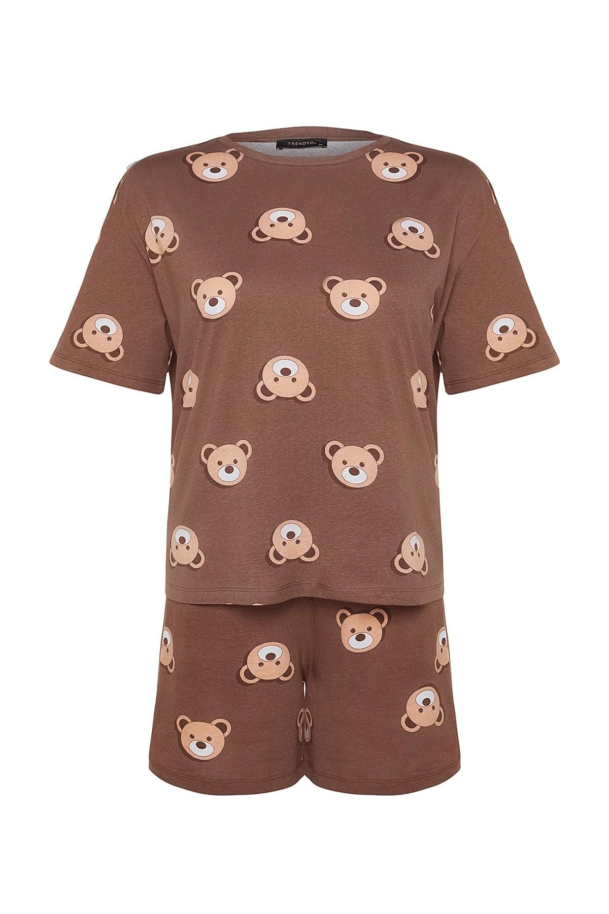 Brown Teddy Bear Printed Cotton Knitted Pajamas Set TBBSS23AI00022 - Swordslife