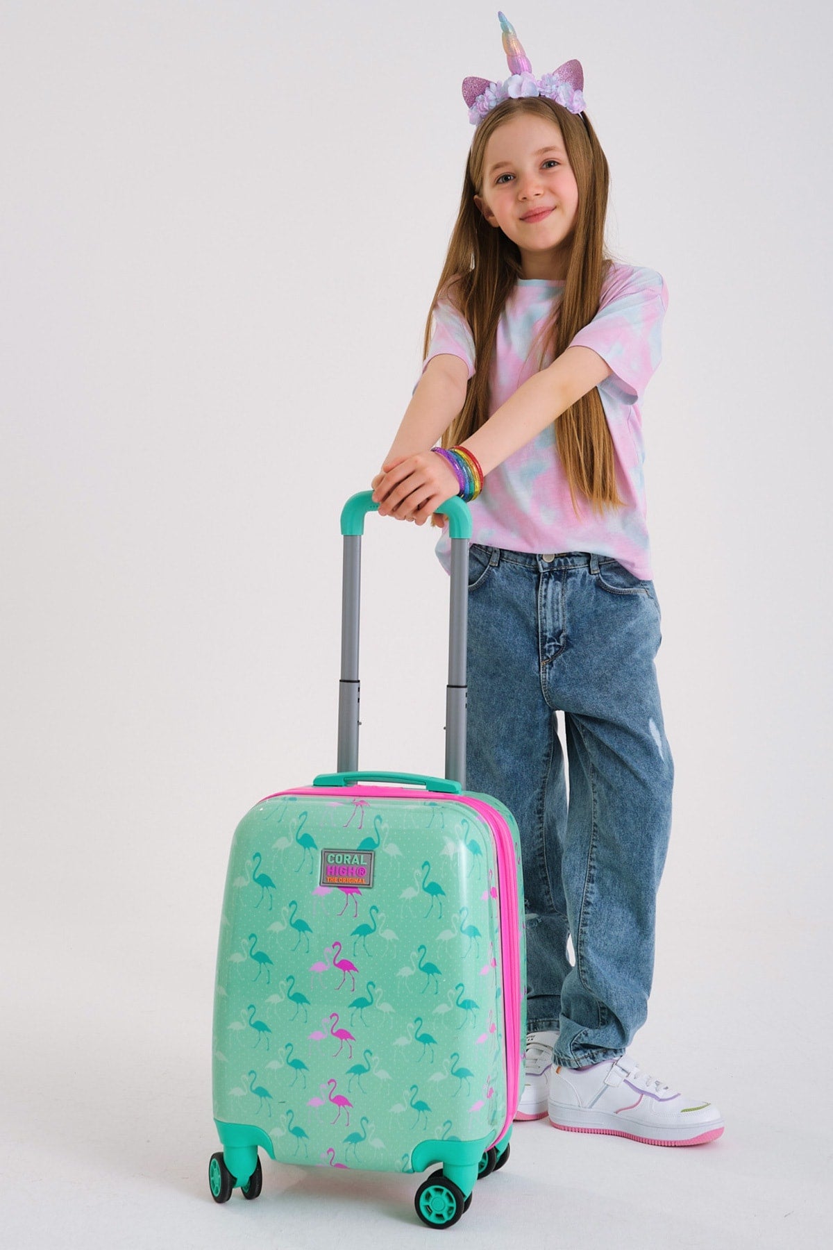 Kids Water Green Neon Pink Flamingo Patterned Luggage 16714