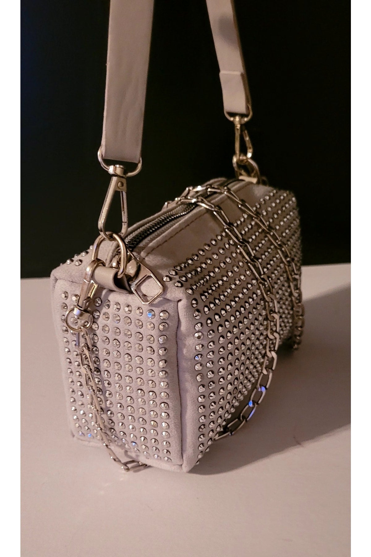 Bhm Gray Stone Chain Strap Hand And Shoulder Bag