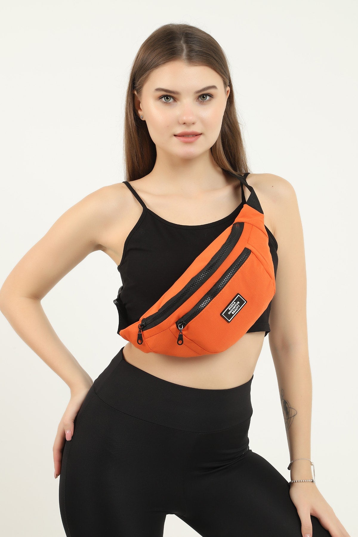 Orange U8 2-Compartment Adjustable Cross Strap Canvas Unisex Waist And Shoulder Bag E:38 B:17 G:7