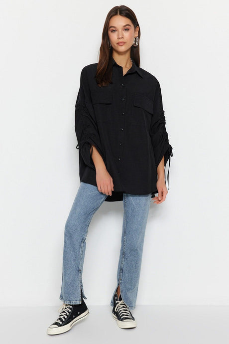 Black Adjustable Ruffle Detailed Woven Cotton Shirt TCTSS23TG00011 - Swordslife