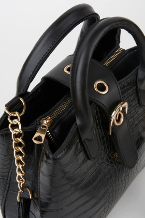 Women'S Black Faux Leather Croco Patterned Strap Snaps Zipper Closure Hand And Shoulder Bag
