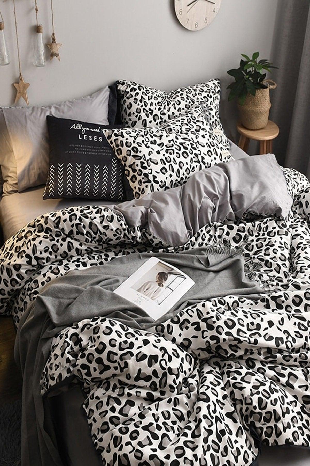 Elastic Linen Duvet Cover Set Single Leopard Pure Black and White - Swordslife