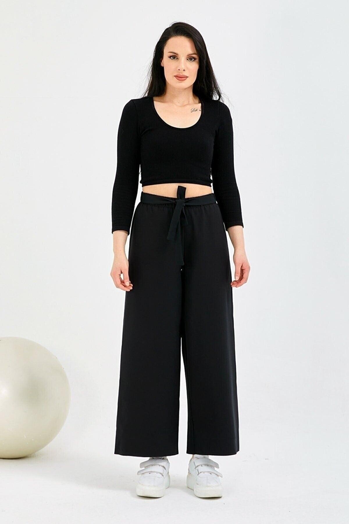 Women's Black Wide Leg Crepe Fabric Trousers - Swordslife