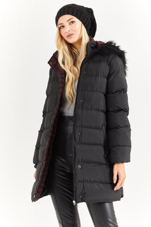 Women's Black Burgundy Fur Hooded Down Jacket - Swordslife