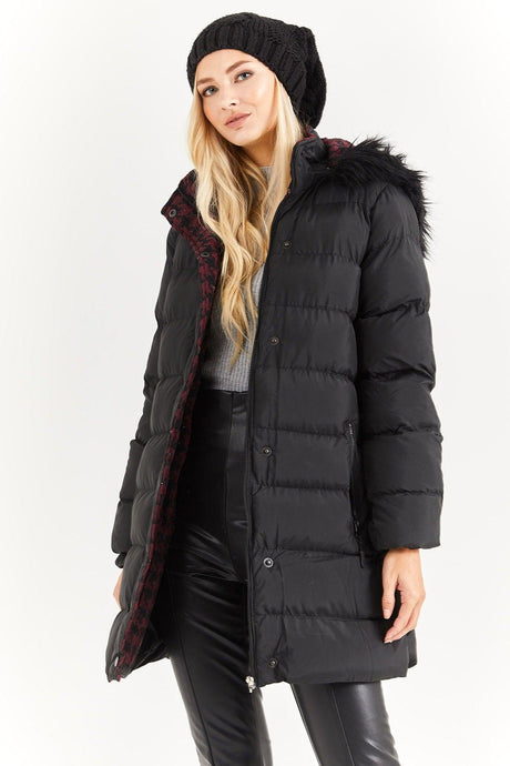 Women's Black Burgundy Fur Hooded Down Jacket - Swordslife