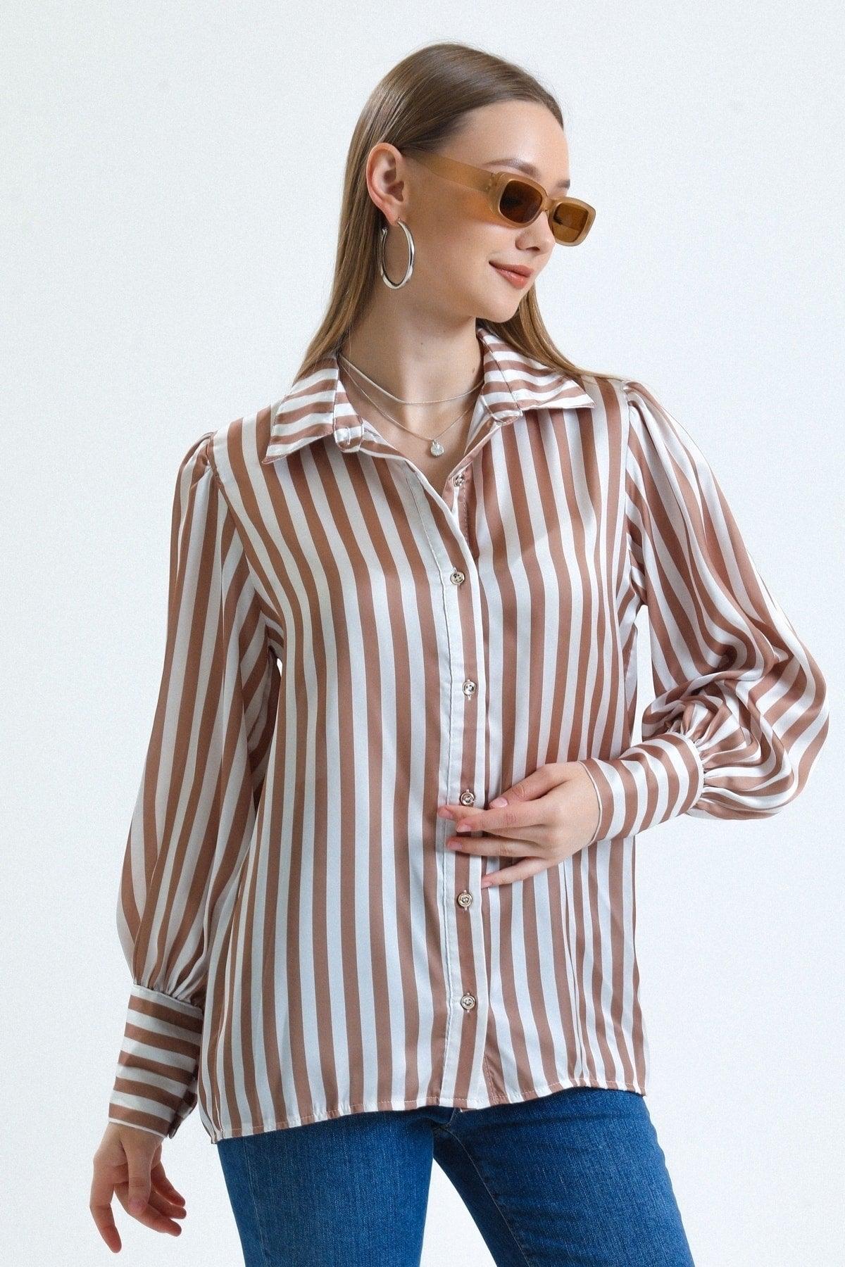 Women's Coffee Balloon Sleeve Ruffle Detailed Oversize Striped Satin Shirt - Swordslife