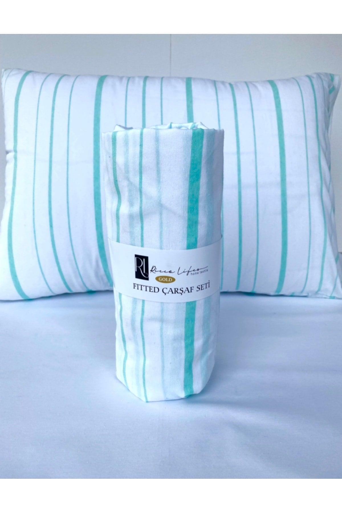 Striped Mint Elastic Bed Sheet Set Cotton-Pillow Cover Single-Double-Duvet Cover - Swordslife