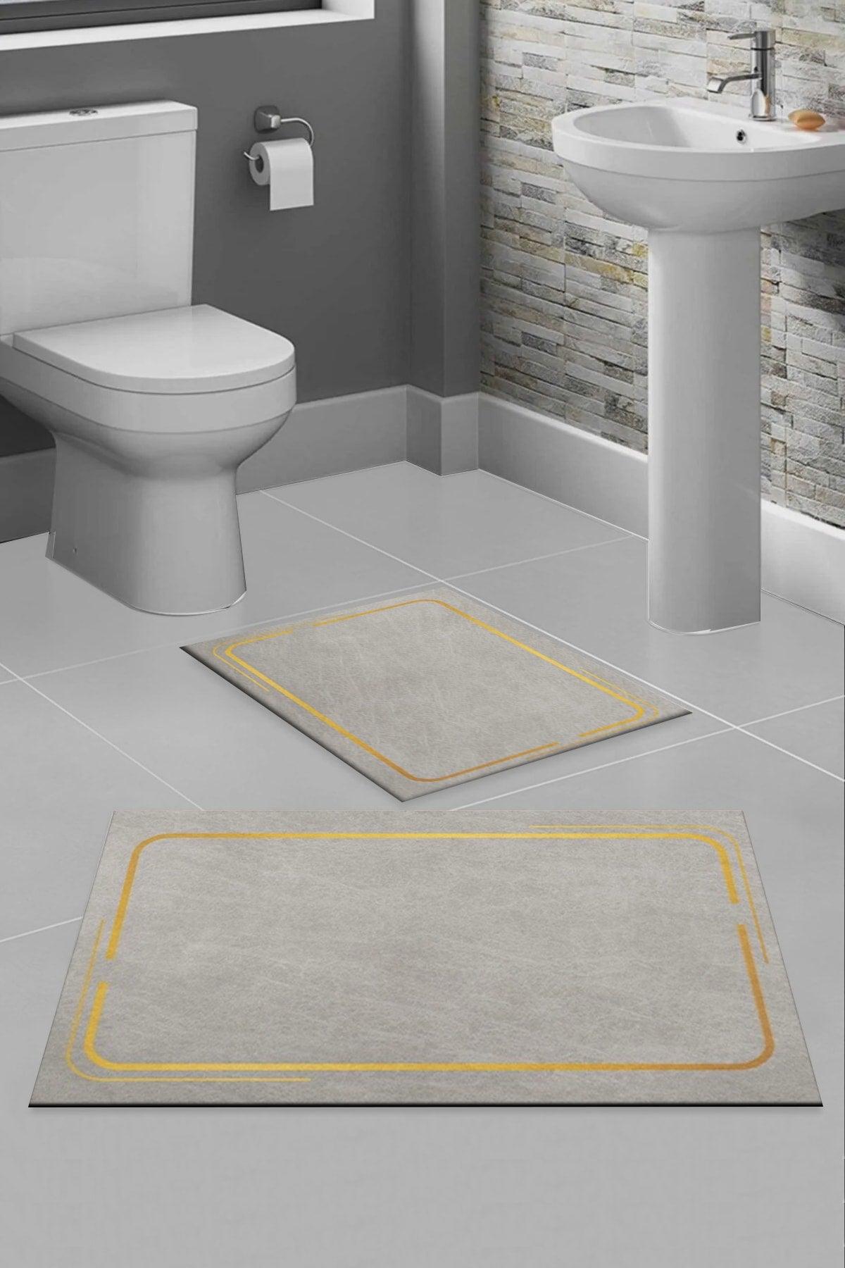 Else Gray Yellow Patterned Washable Non-Slip Floor 2 Bathroom Carpet Doormat Closet Set - Swordslife