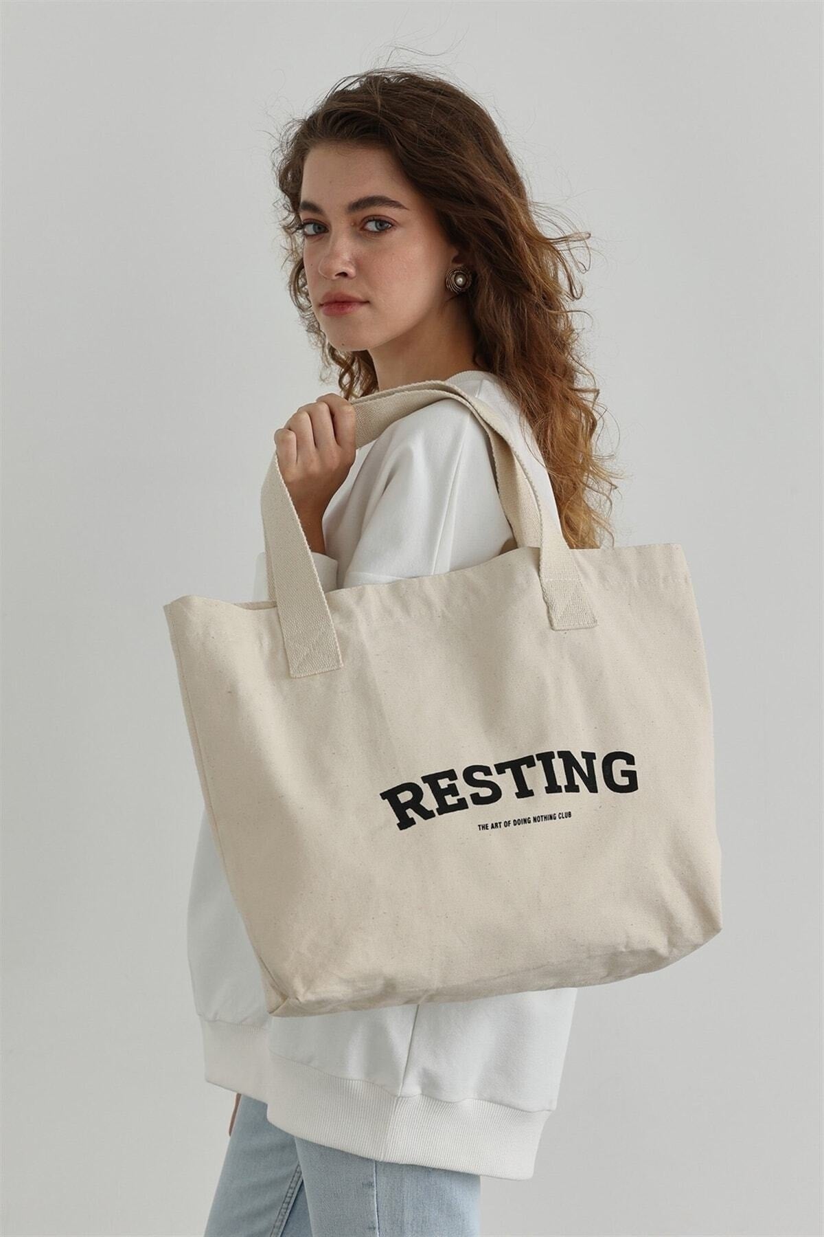 Ecru Resting Printed Canvas Bag