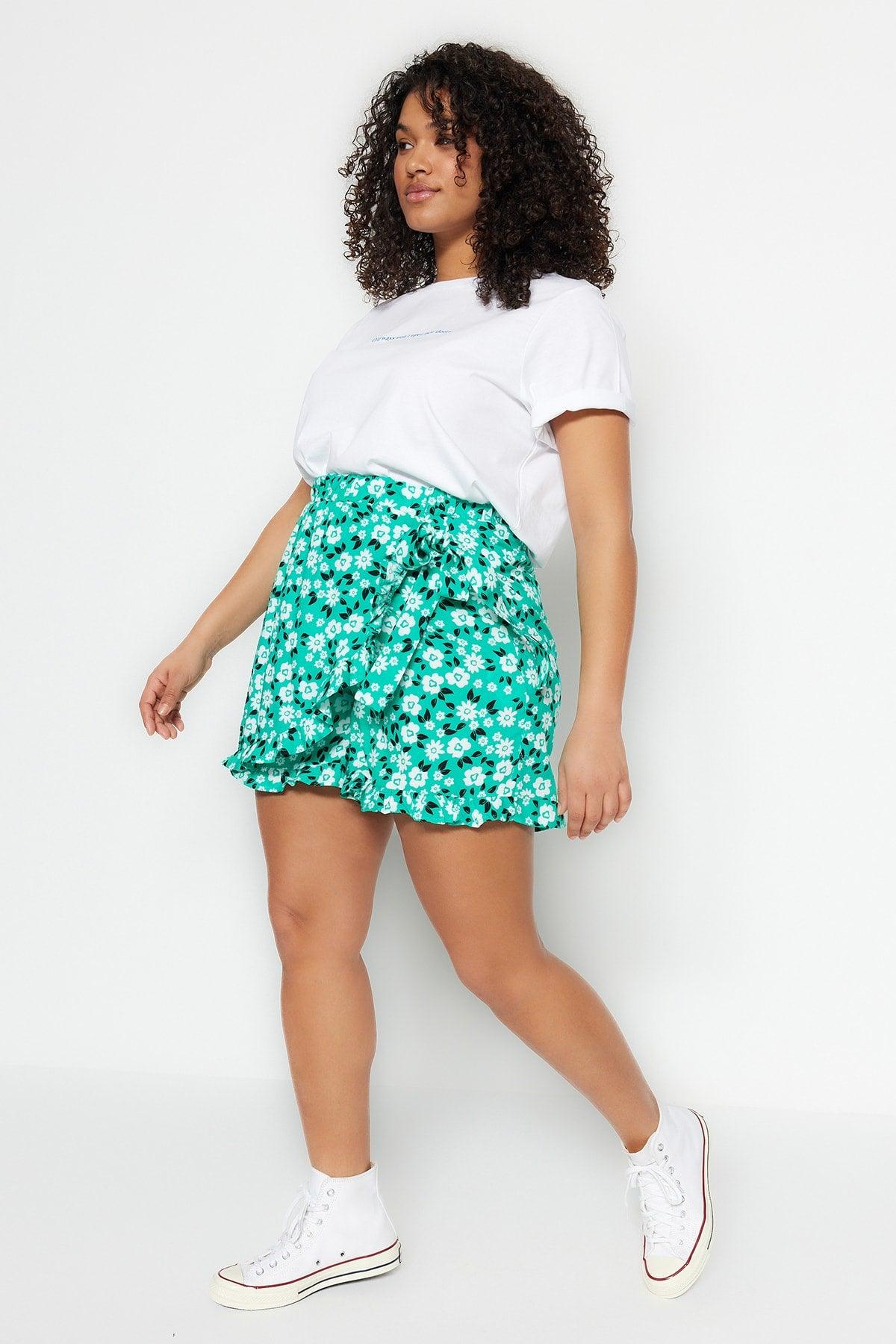 Green Floral Patterned Woven Tie Shorts Skirt TBBSS22SR0164 - Swordslife