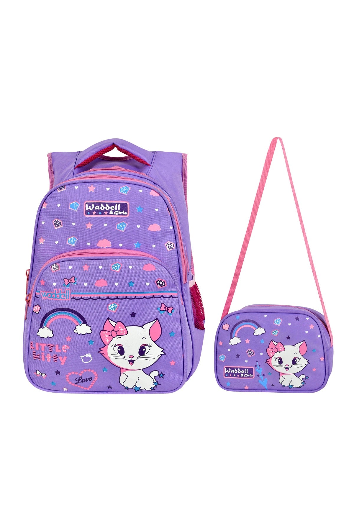 Licensed Lilac Cat Pattern Primary School Backpack And Lunch Box