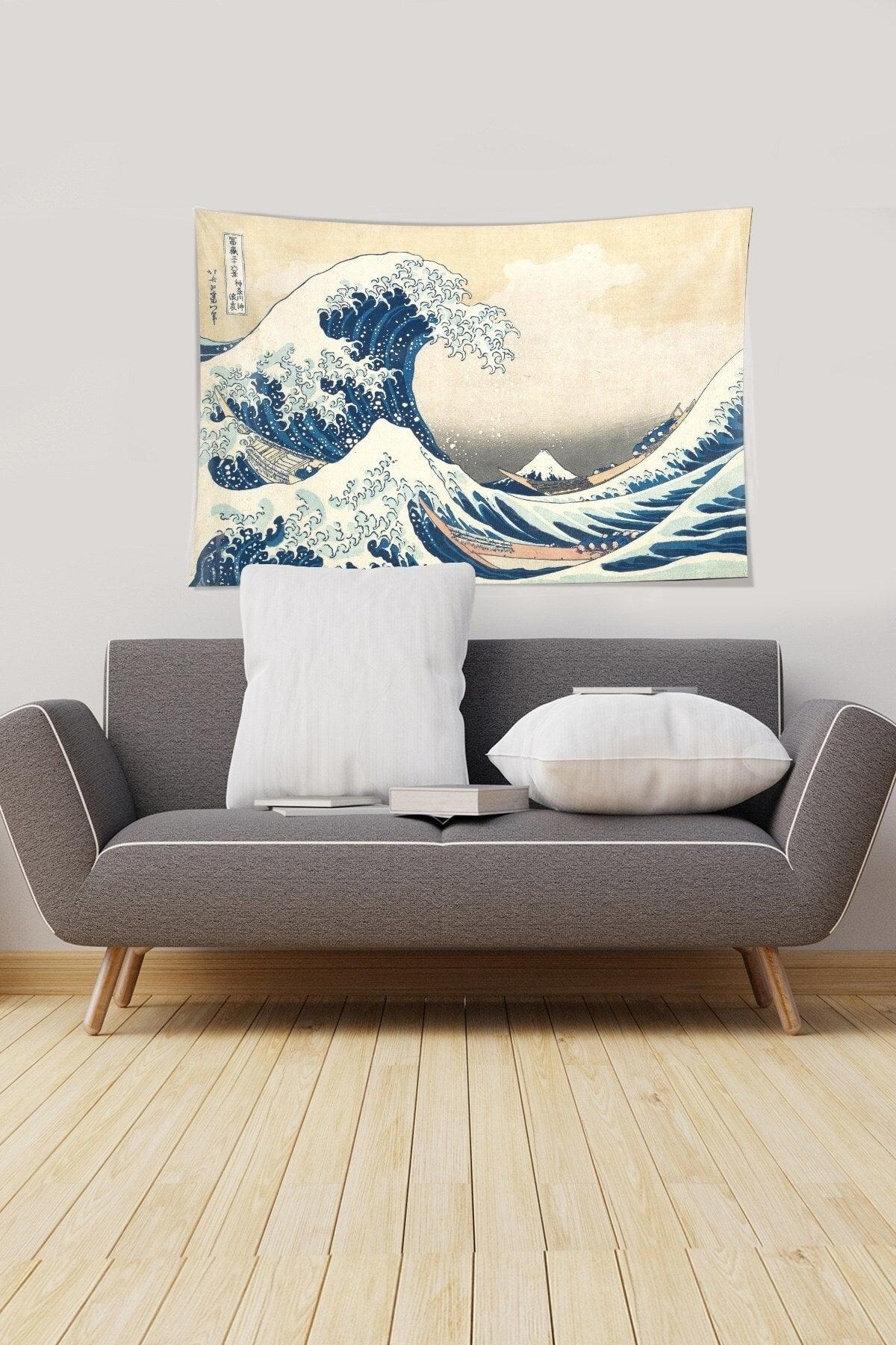 Beige-blue Katsushika Hokusai Series Stain Resistant Velvet Fabric Wall Covering Tapestry Tapestry - Swordslife