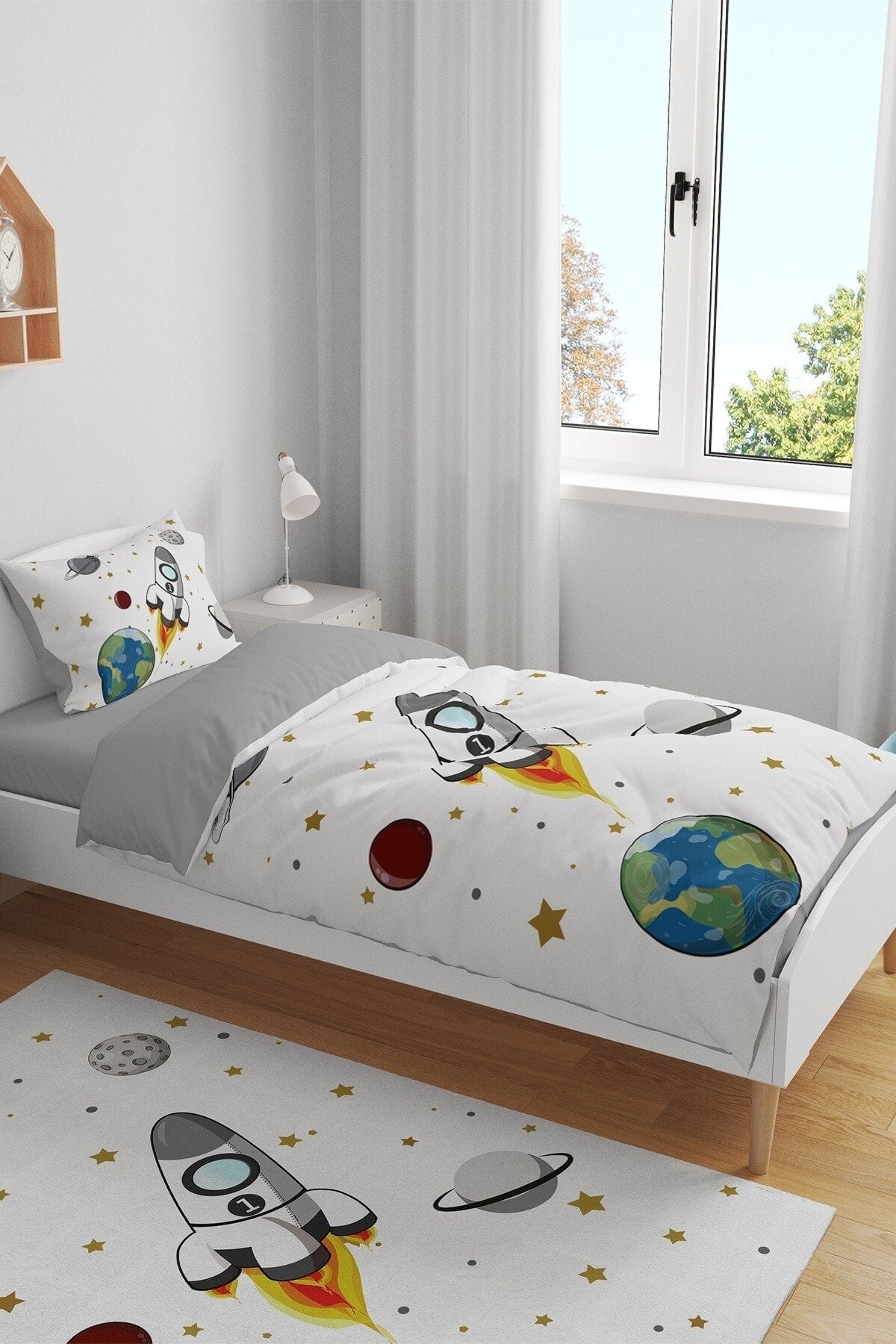 White Space And Rocket Patterned Single Baby Duvet Cover Set