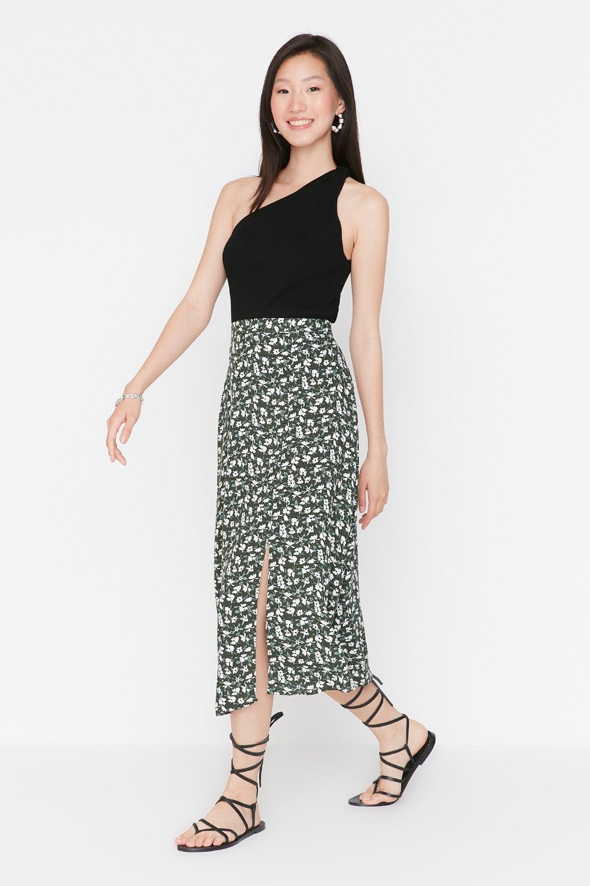 Khaki Midi Woven Slit Detailed Viscose Fabric Floral Patterned Skirt TWOSS20ET0230 - Swordslife