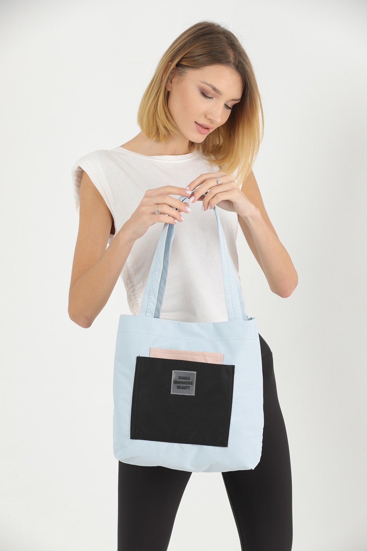 Blue/pink/black U22 3-Compartment Front 2 Pocket Detailed Canvas Fabric Daily Women's Arm and Shoulder Bag B:35 E