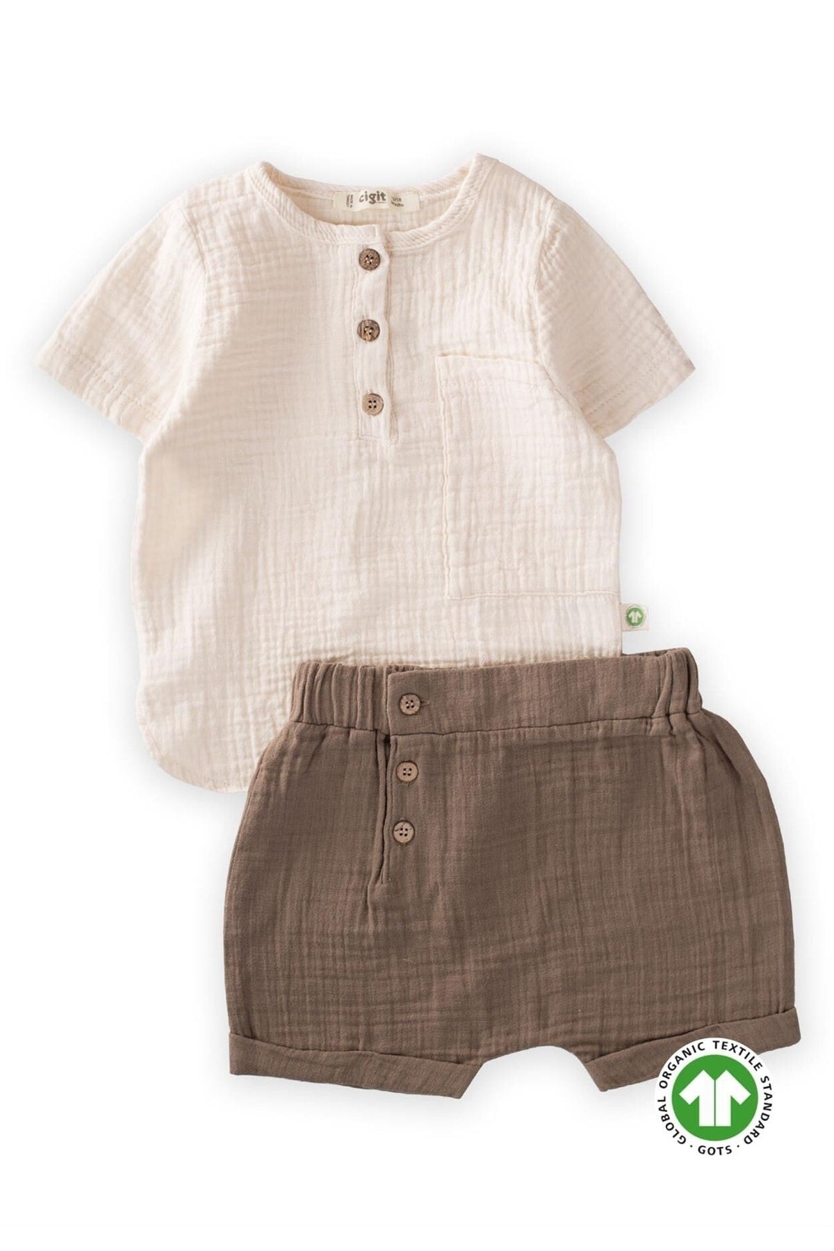 Organic Half Pop Shirt Shorts Set 1-5 Age Cream/Dark Beige