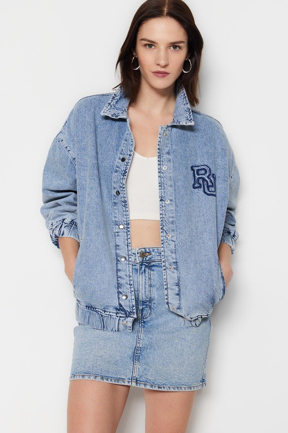 Blue Embroidered Bomber Oversize Denim Jacket TWOSS23CE00047 - Swordslife