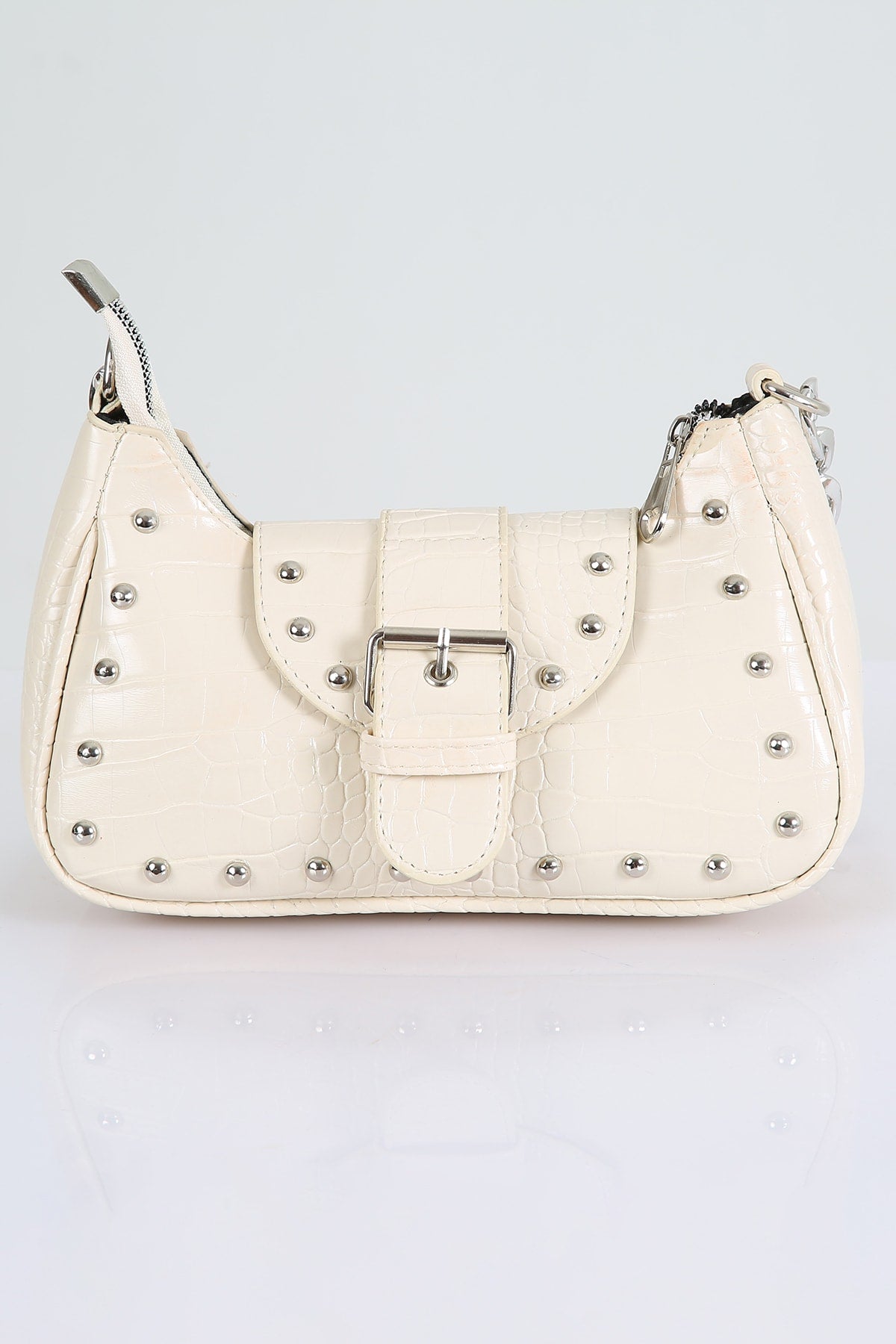 Bony Staple Crocodile Patterned Cream Handbag