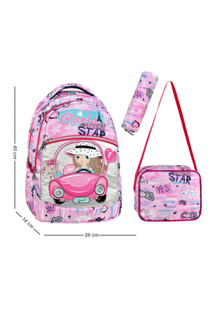 Set Of 3, Pink Color Girl Patterned Primary School Bag + Lunch Box + Pencil Holder