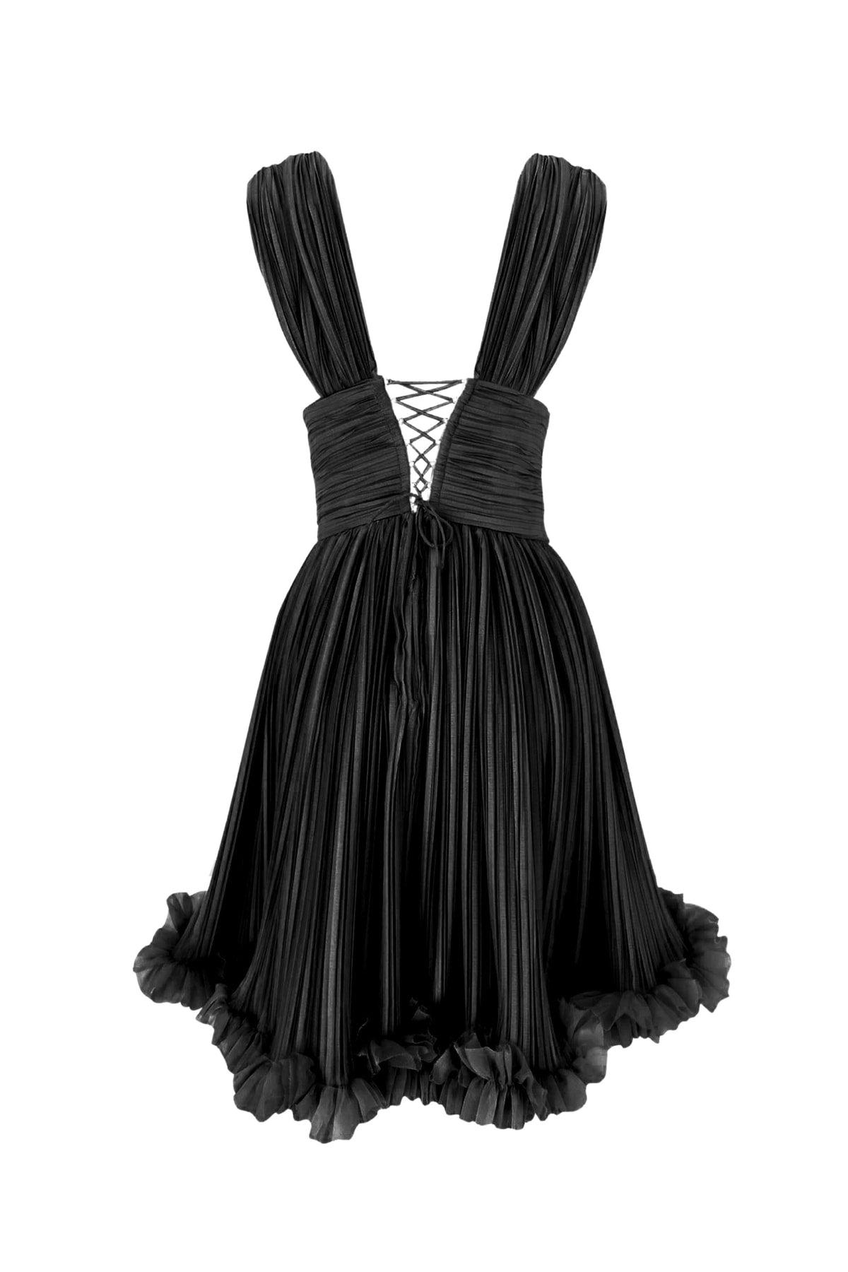 Lotus Black Pleated Chiffon Frilly Mini Dress - Swordslife