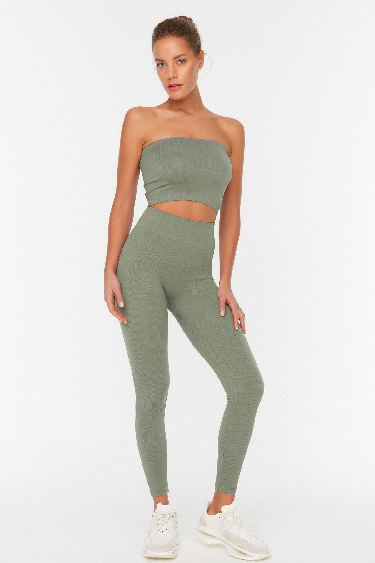 Khaki Seamless/Seamless Ribbed Full Length Sports Leggings TWOAW20TA0071 - Swordslife