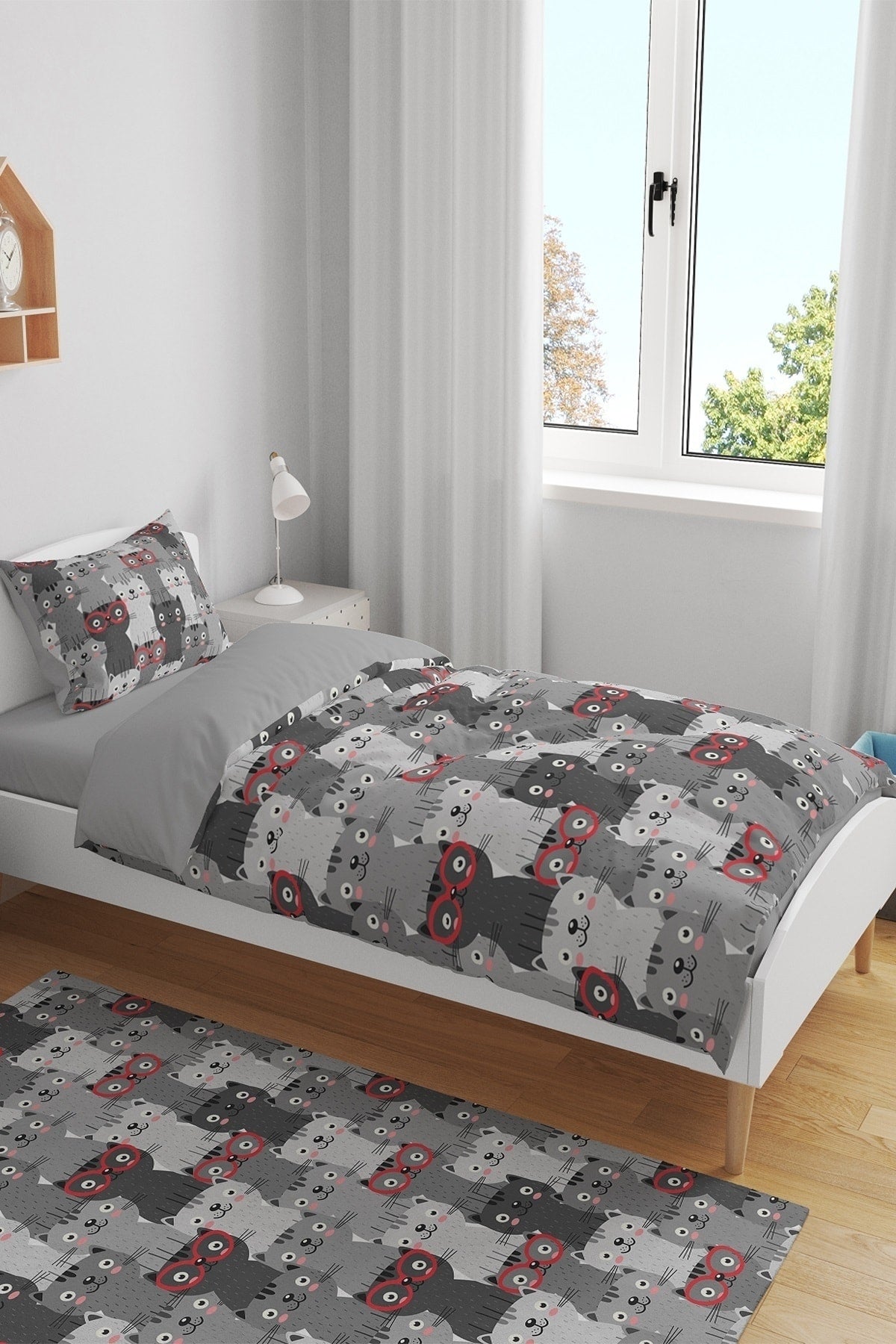 Gray Glasses Cats Patterned Single Baby Kids Duvet Cover Set