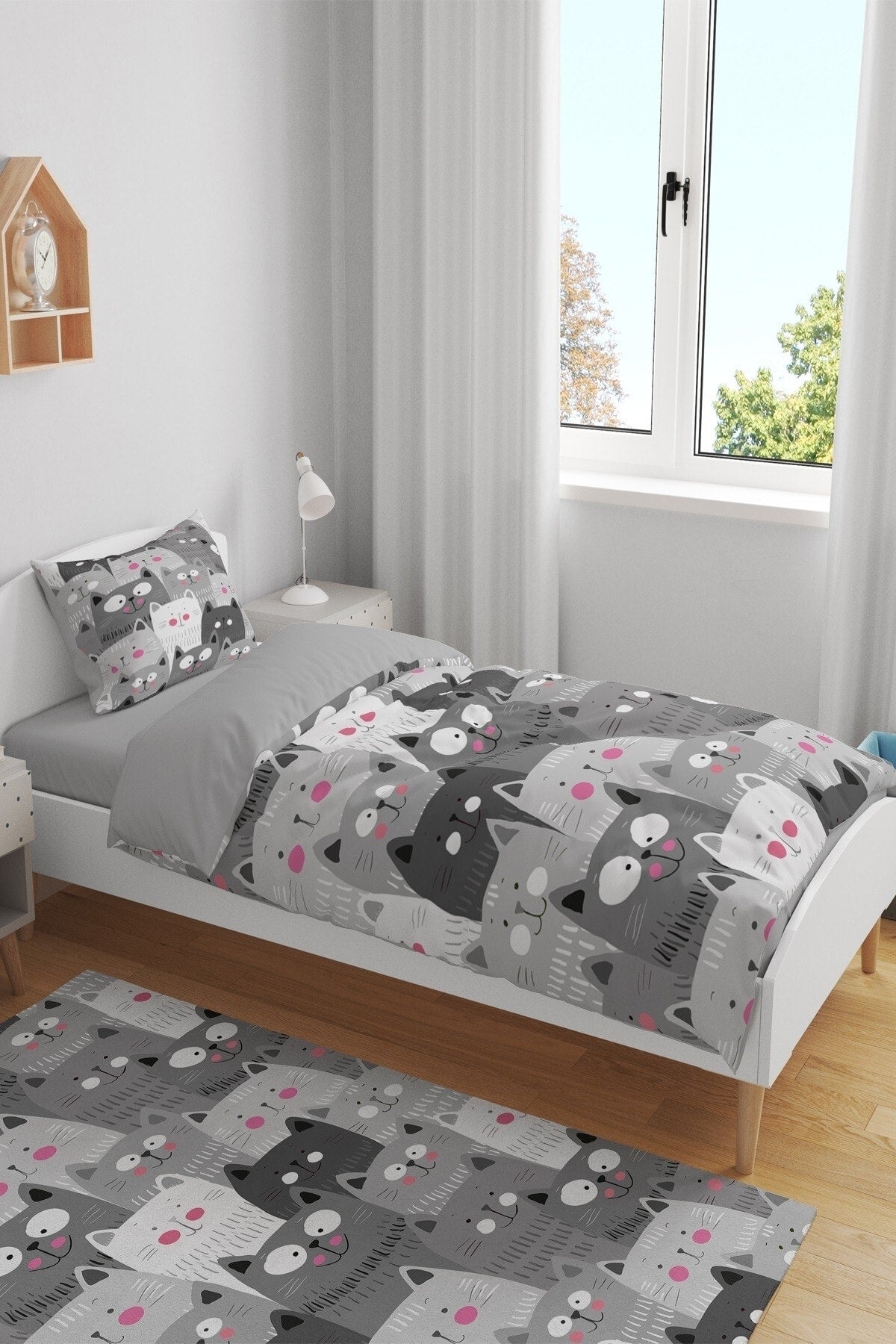 Gray Cats Patterned Single Baby Kids Duvet Cover Set