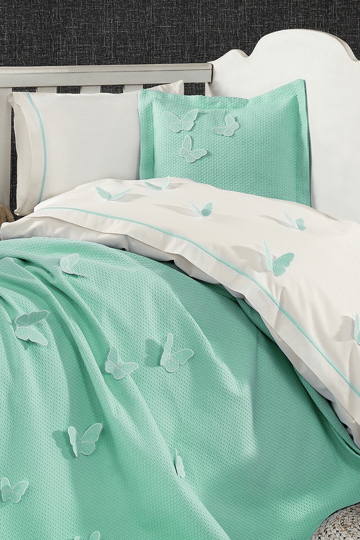 5 Pieces 100% Cotton 3D Butterfly Pattern Baby Duvet Cover Set Mint Green