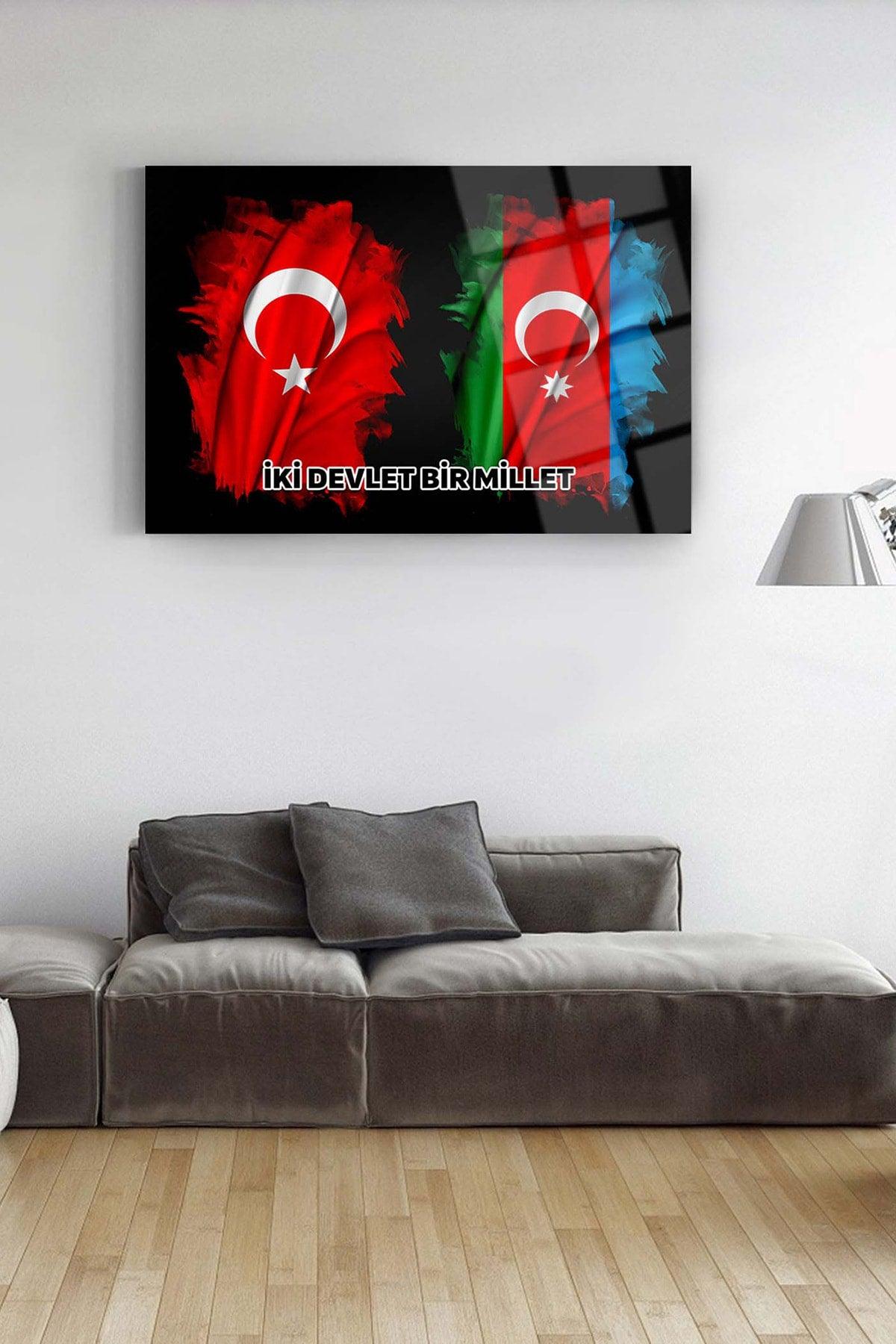 Turkish And Azerbaijani Flag Glass Painting-Azerbaijan Flag Painting-Two States One Nation Painting - Swordslife