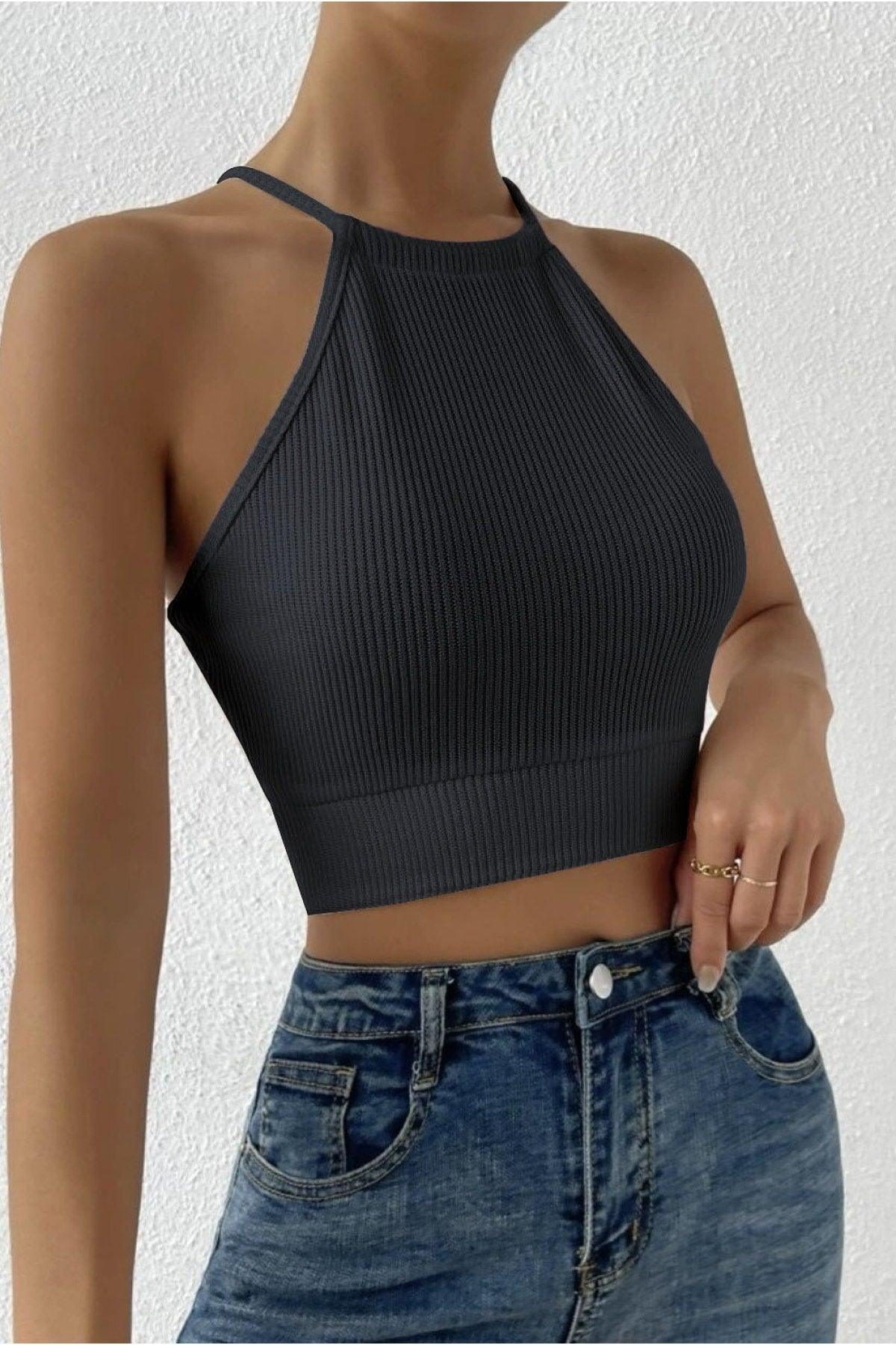 Women's Black Camisole Backless Belted Crop Top Blouse - Swordslife