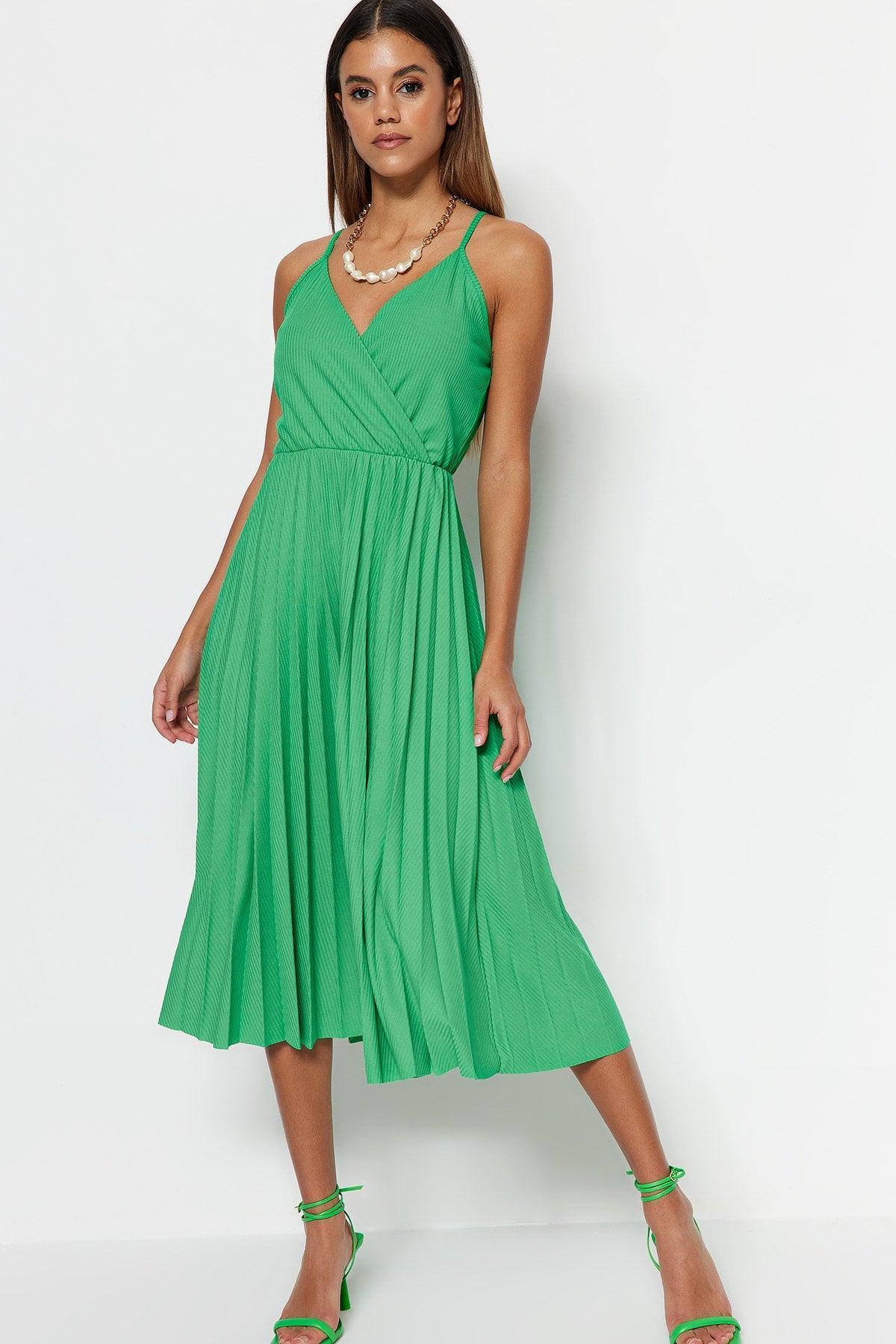 Green Waist Drop/Skater Midi Double Breasted Pleated Strap Stretch Knitted Dress TWOSS20EL2729 - Swordslife