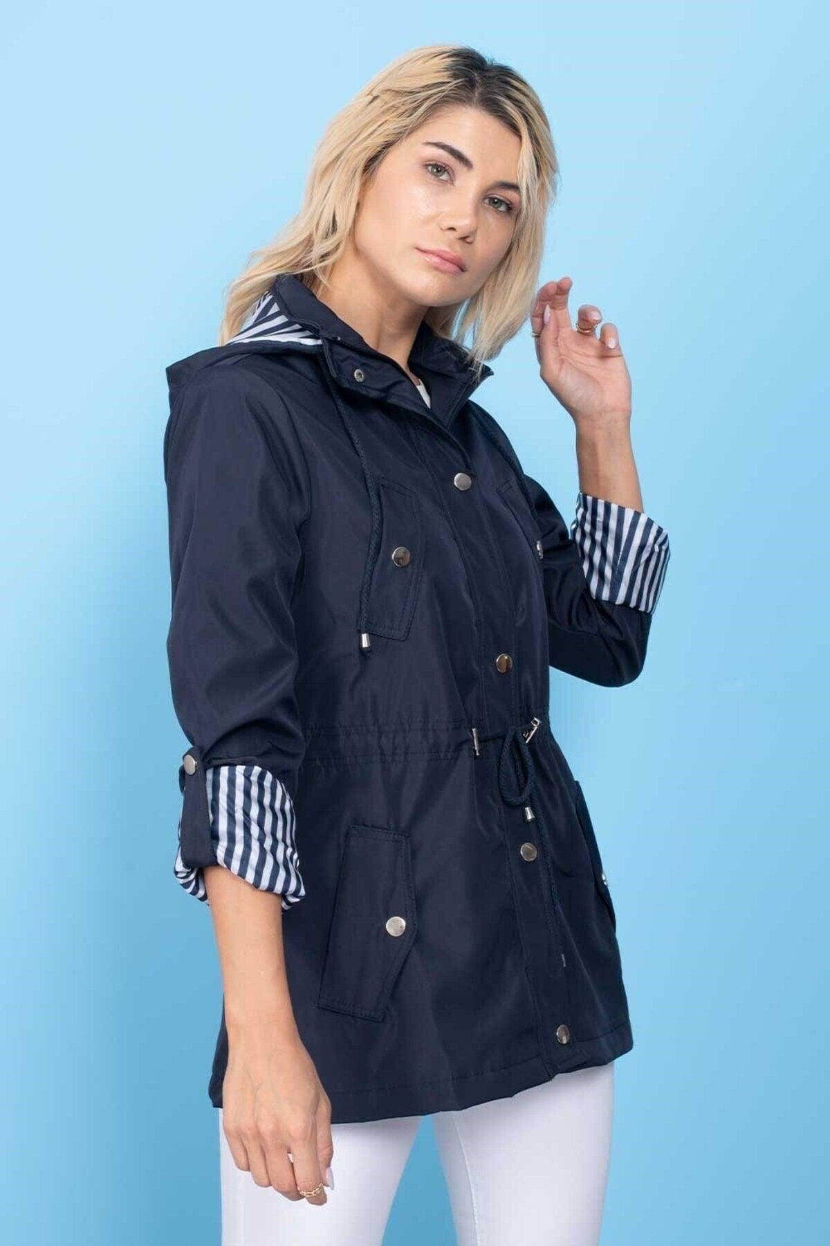 Women's Navy Blue Hooded Seasonal Coat - Swordslife