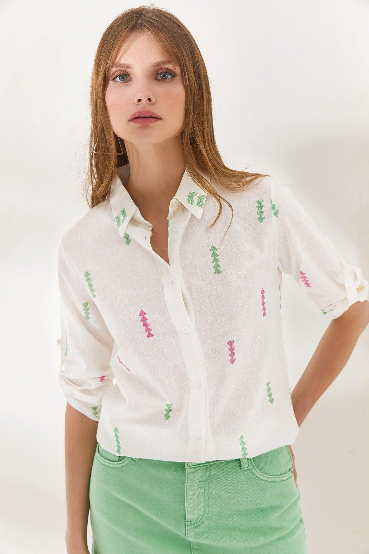 Women's Arrow Green Pink Sleeve Fold Linen Shirt GML-19000825 - Swordslife