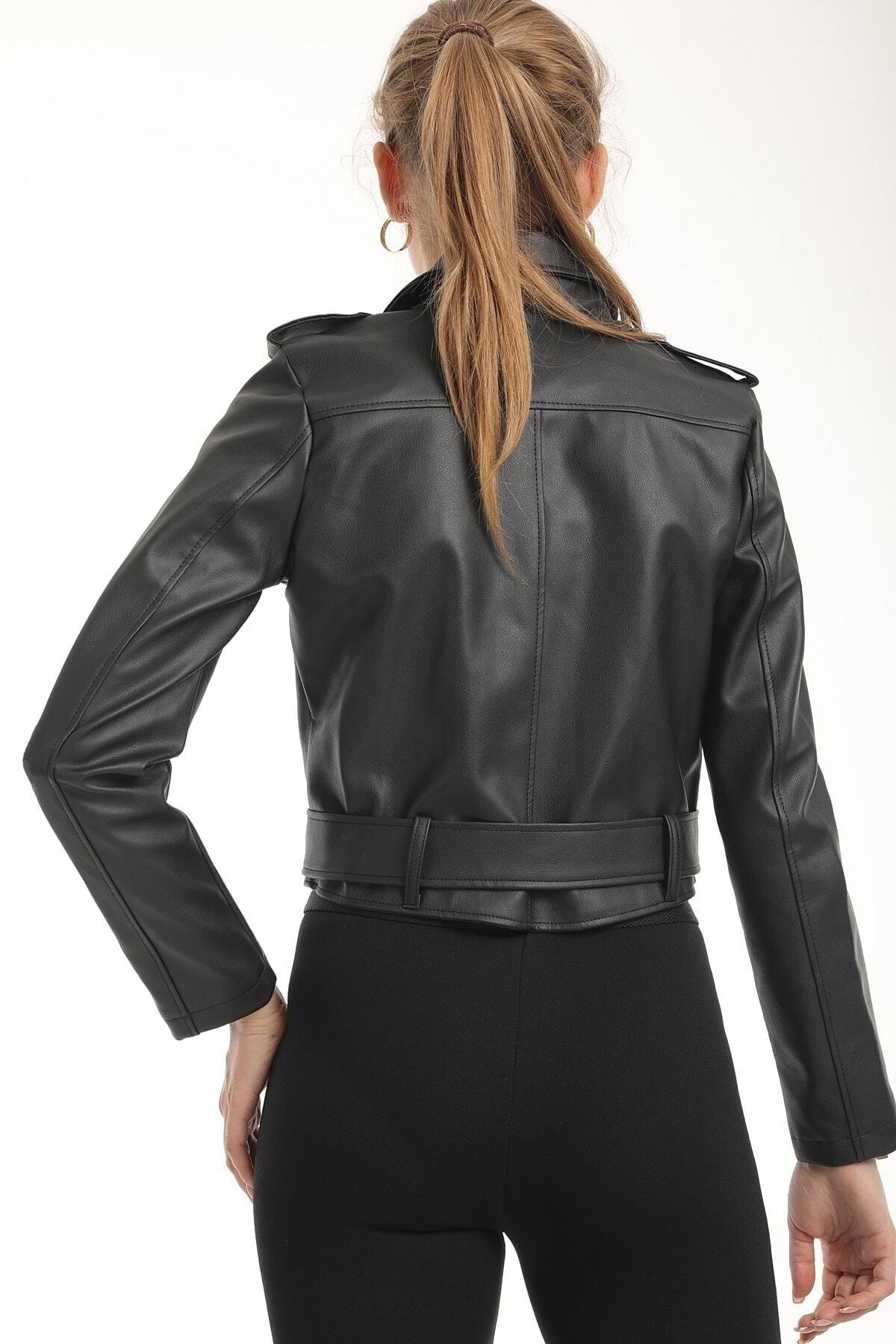 Women's Black Belted Leather Coat Jacket - Swordslife