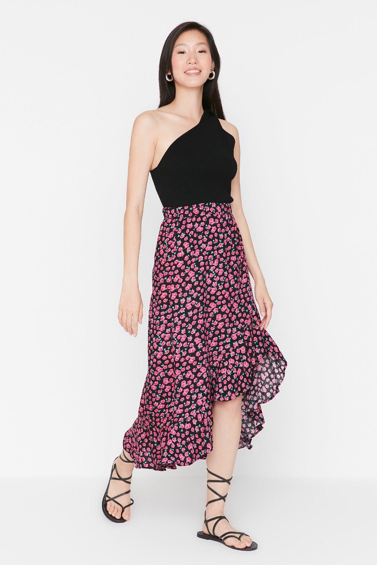 Pink Midi Woven Slit Detailed Asymmetrical Floral Skirt TWOSS20ET0166 - Swordslife