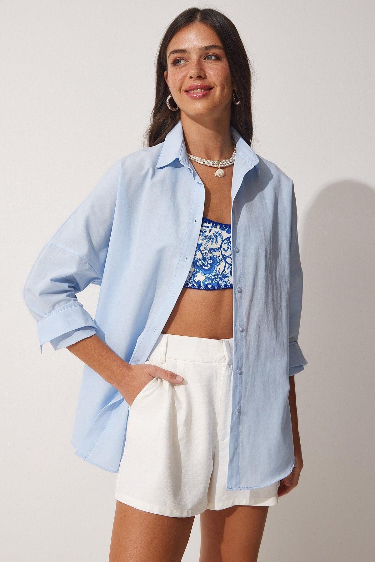 Women's Sky Blue Oversize Long Basic Shirt DD00842 - Swordslife