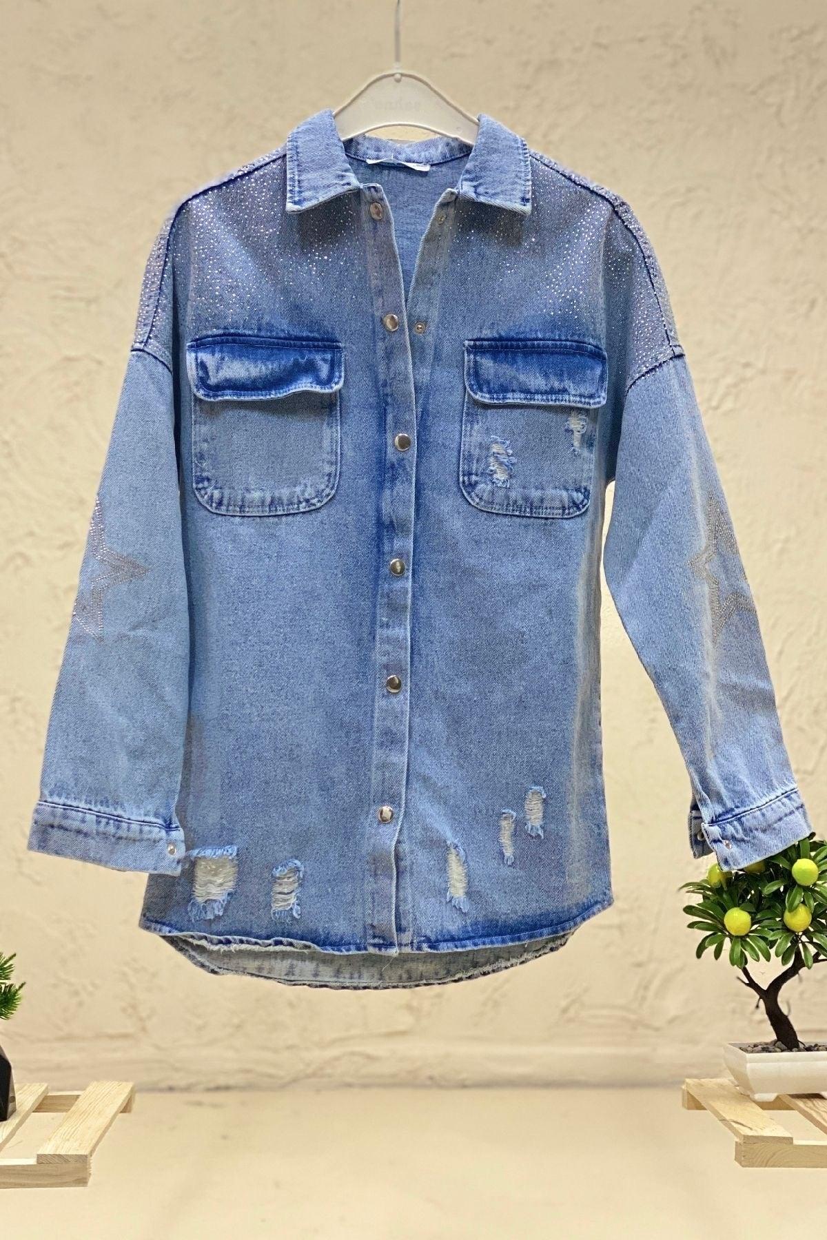 Back Star Stone Collar Denim Jacket - Swordslife