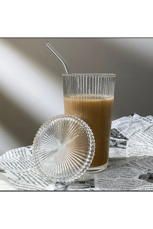 2 Pieces 400 Ml Heat Resistant Origami Pattern Glass With Lid And Straw Milkshake And Soft Drink Glass