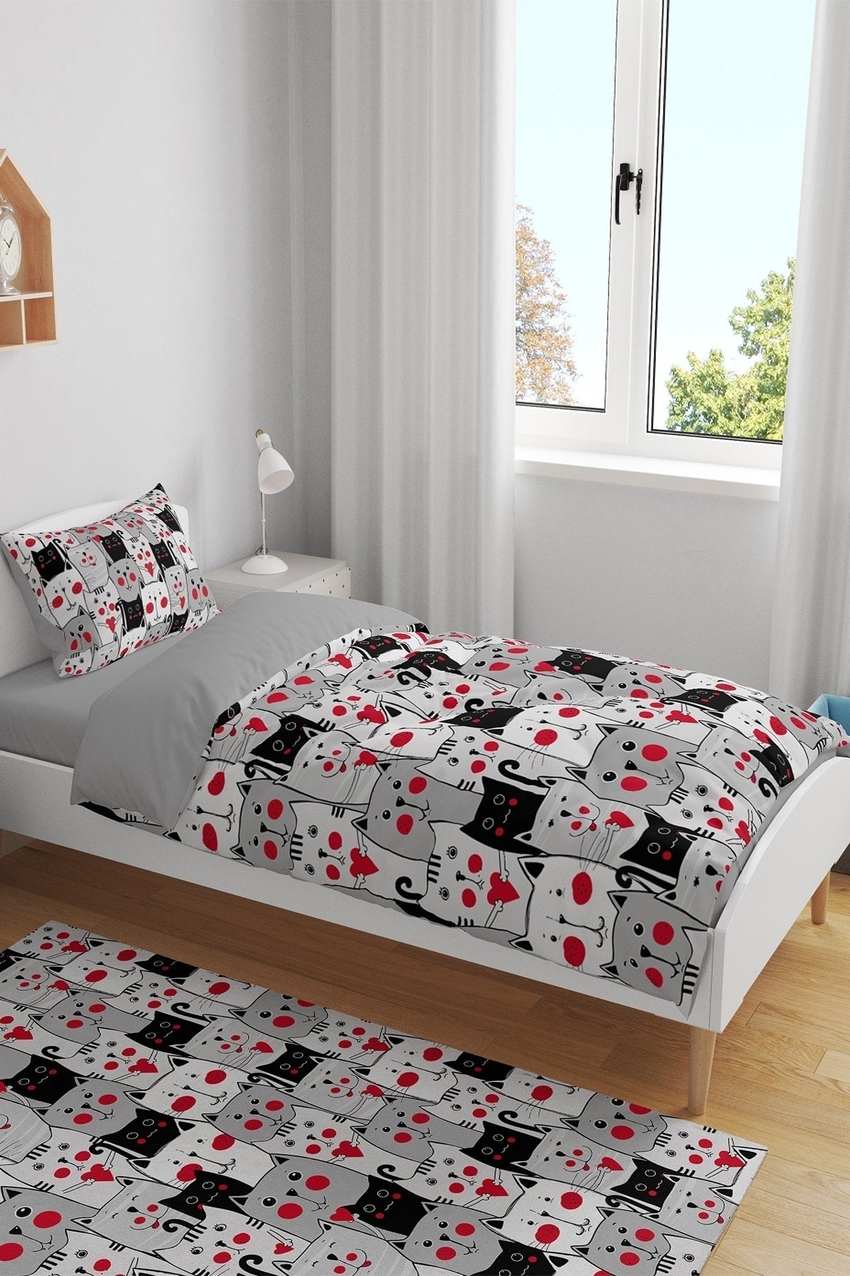 Red Cheeked Cats Patterned Single Baby Kids Duvet Cover Set