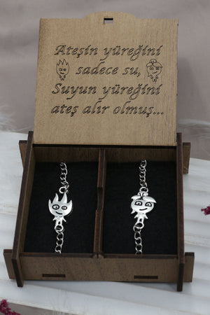 Set Of 2 Fire And Water Silver Color Couple Dear Best Metal Bracelet With Written Gift Box