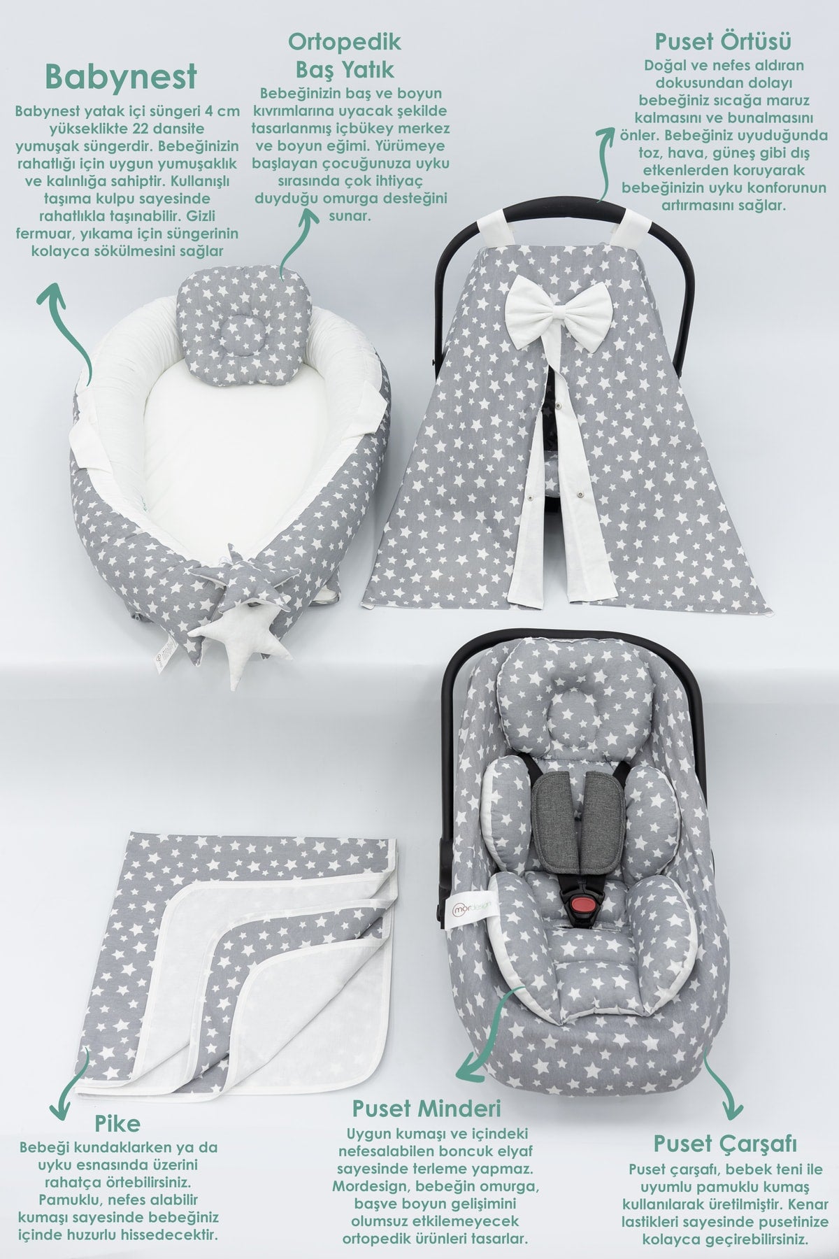 Orthopedic Baby Mattress, Pique And Stroller Accessories Set Of 6, Gray Color Stars Pattern