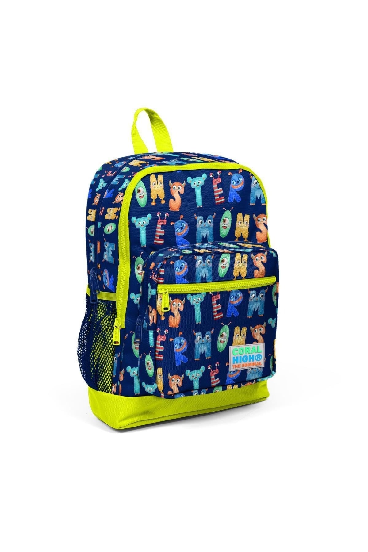 Kids Navy Blue Neon Yellow Monster Patterned USB 3 Pcs School Bag Set SET0123826