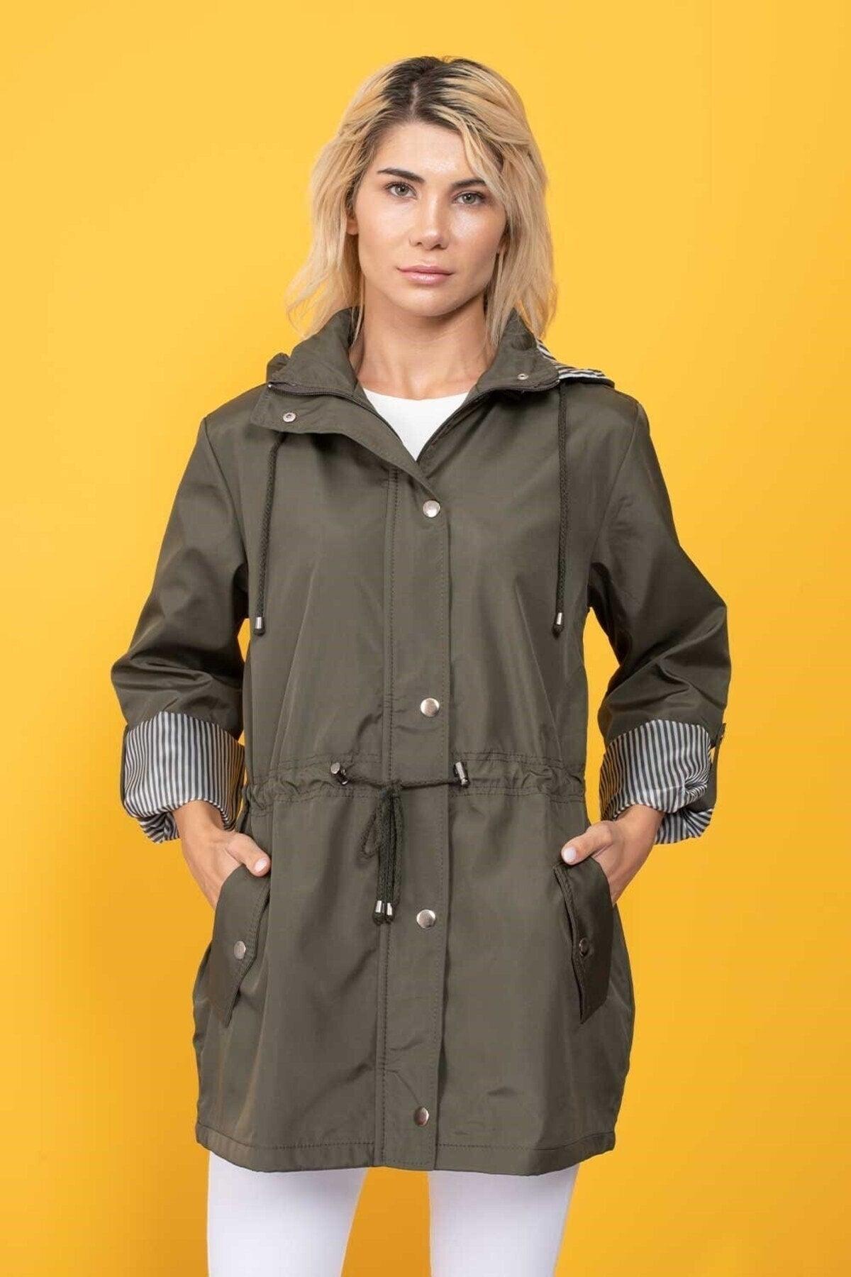 Women's Khaki Green Hooded Seasonal Coat - Swordslife